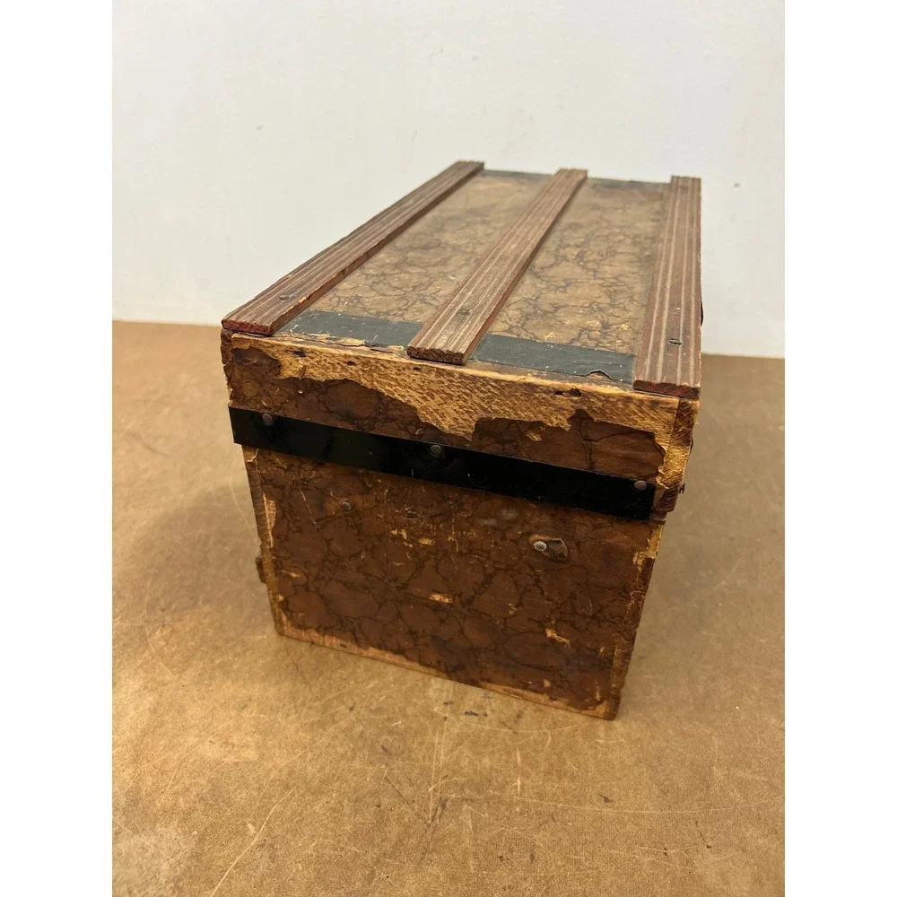Antique Dollhouse Steamer Trunk w Tray Miniature Wood Slat Chest Vintage Box Old